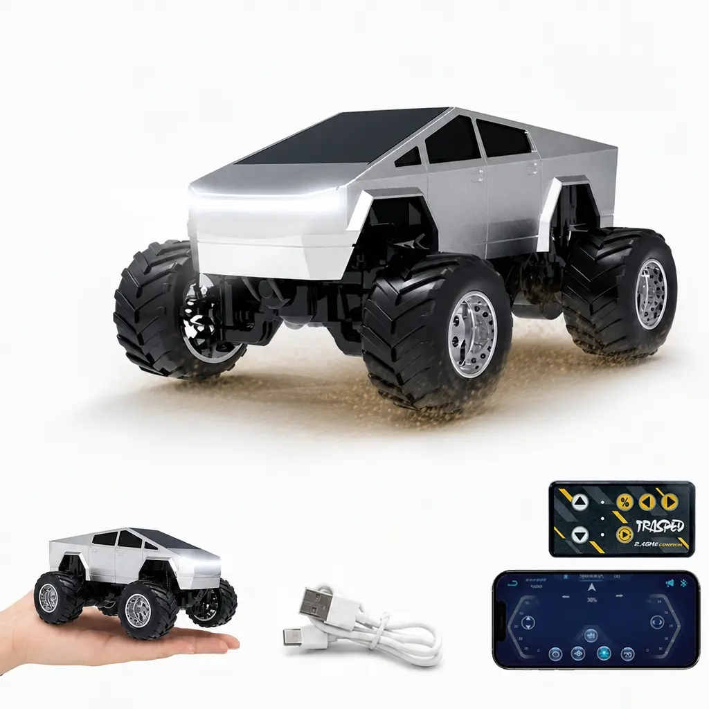 1/64 Mini RC Monster Cybertruck, All-Terrain Metal Off-Road Pickup with Trailer, 2.4GHz Remote & App Control, USB-C Rechargeable, Big Wheel Racing Toy, Perfect children fun Birthday Christmas Gift for Kids, Boys & Collectors, Offroad Control,Rc Controlled