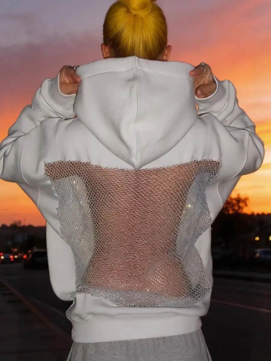 Women's Long-Sleeve Hoodie - Ladies' Open Back Mesh Cutout Edgy Streetwear, Black and White Autumn Trend Backless Glitter Mesh Patchwork Casual Hipster Pullover Basic Tops Sweatshirts Fabric Womenswear
