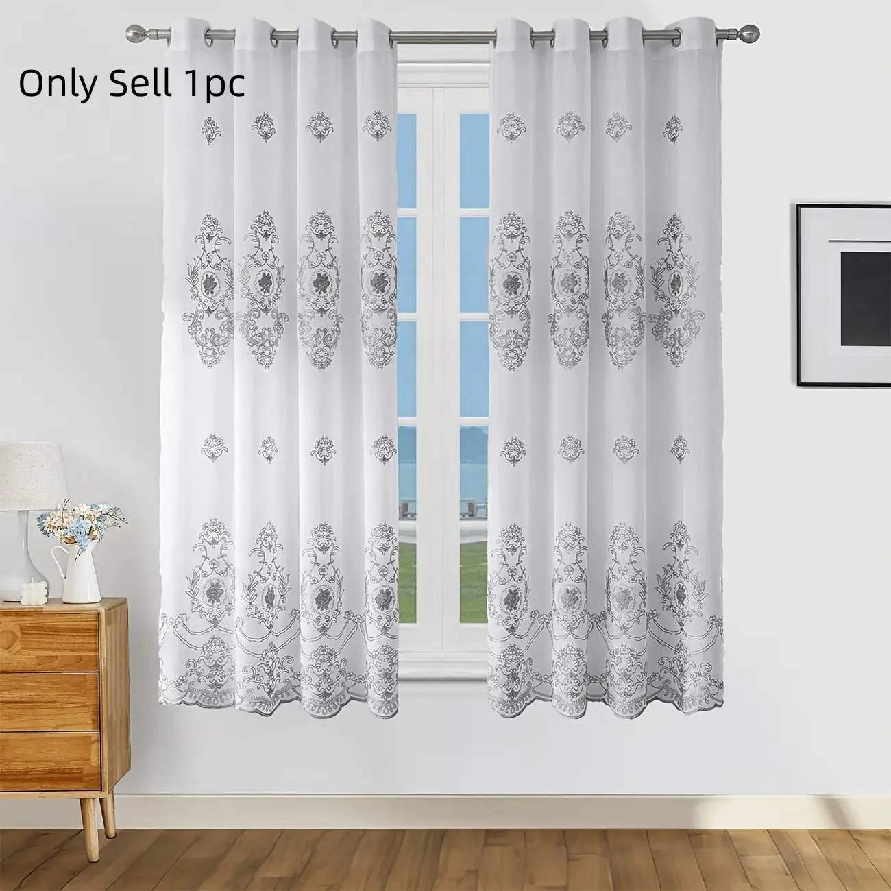 1pc European Style Embroidered Sheer Drapes, Soft Light Control, Privacy Protection, Top Ring Curtain for Living Room Bedroom