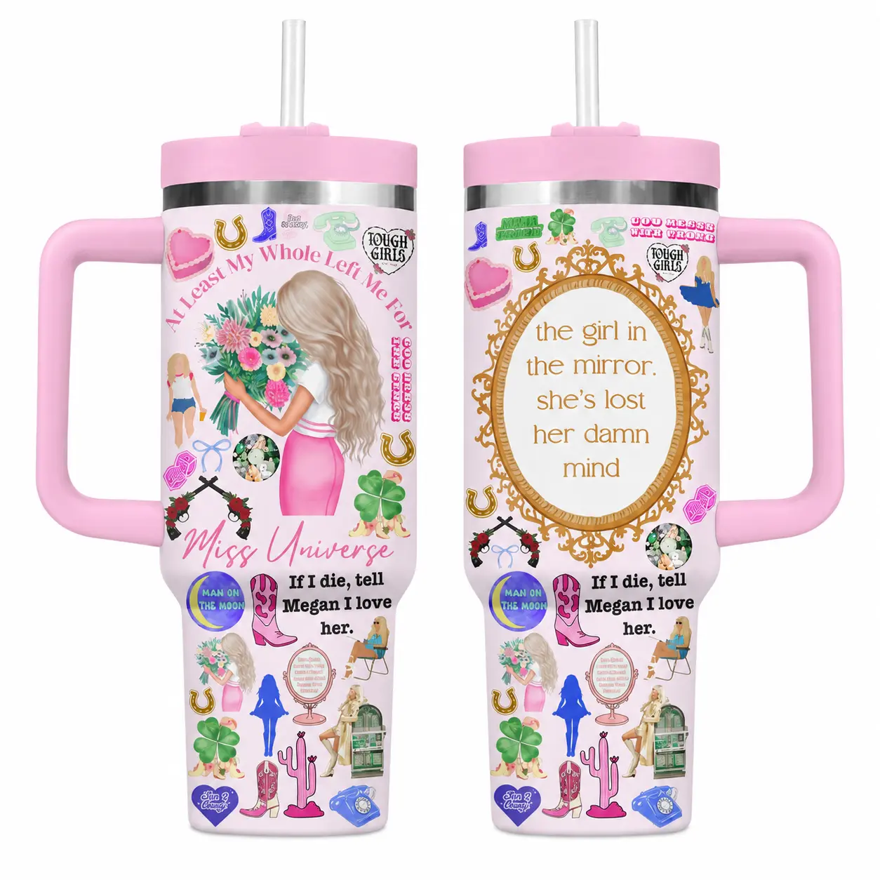 Meg Vintage Pink Cup 40oz Tumbler With Handle, Emo Cowgirl Stainless Steels Travel Mug For Music Fans