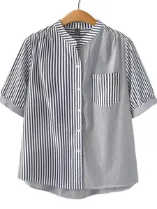 Plus Size Women's Lady Striped Patchwork V Neck Long Sleeve Woven Shirt Blouse, Casual Fashion Top for Spring & Fall, Comfortable Loose Fit for Daily Wear