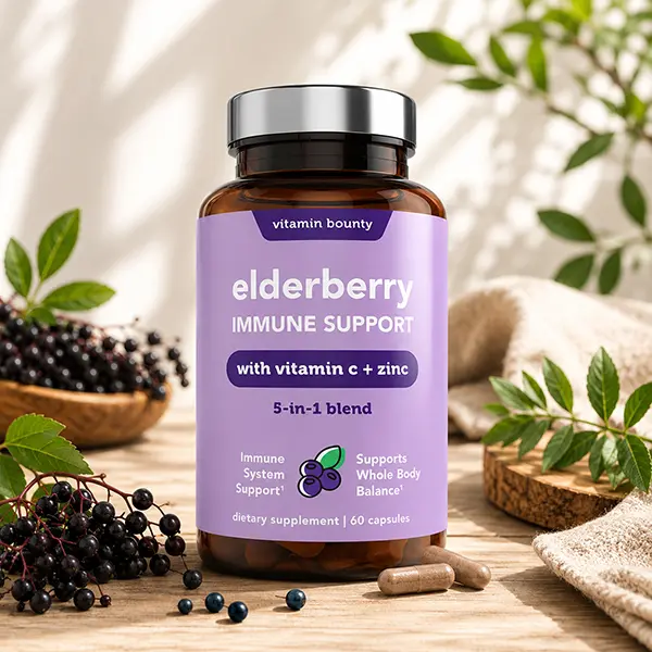 Organic Elderberry Capsules, 5-in-1 Blend with Vitamin C, Zinc & Echinacea, Supports Immune System, Antioxidant Defense & Seasonal Wellness, Non-GMO, for Adults, 60 Capsules