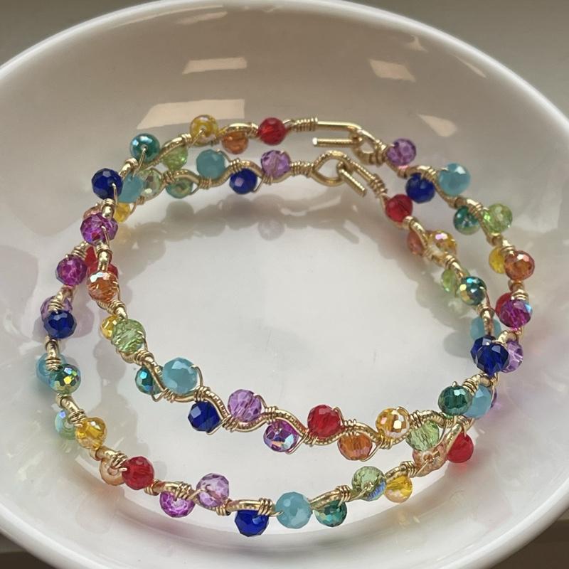 PRIDE Rainbow on Gold Copper Core Wire Wrap Dainty Wave Bangle Bracelet Handmade Adjustable Unique Design with Pink Pearl Hook Closure