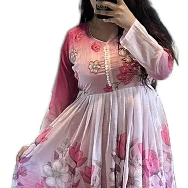 Women's 3-Piece Elegant Anarkali Kurtha Set - Pink Floral Breathable Lightweight Chiffon with Salwar, Duppatta Included, Traditional Classic Casual Comfortable Women's Outfit, Includes Duppatta