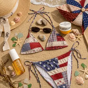 Patriotic Patchwork Bikini, American Flag String Swimwear, 4th of July Bathing Suit, Americana Vintage USA Two Piece, Red White Blue Swim, Women's Patriotic Patchwork String Bikini - Vintage Americana American Flag 4th of July Two Piece Bathing Suit