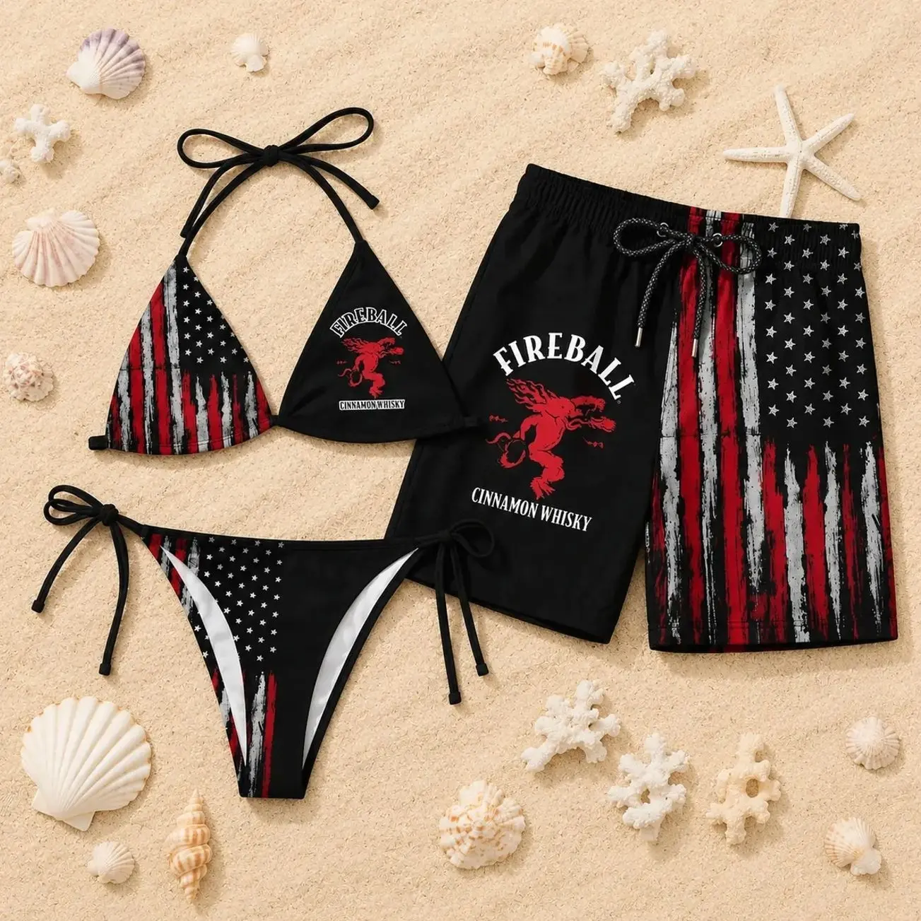Fireball American Flag Couple Swimwear – Matching Bikini & Men’s Swim Shorts, Patriotic His & Hers 4th of July Beach Vacation Swimsuits 4OM