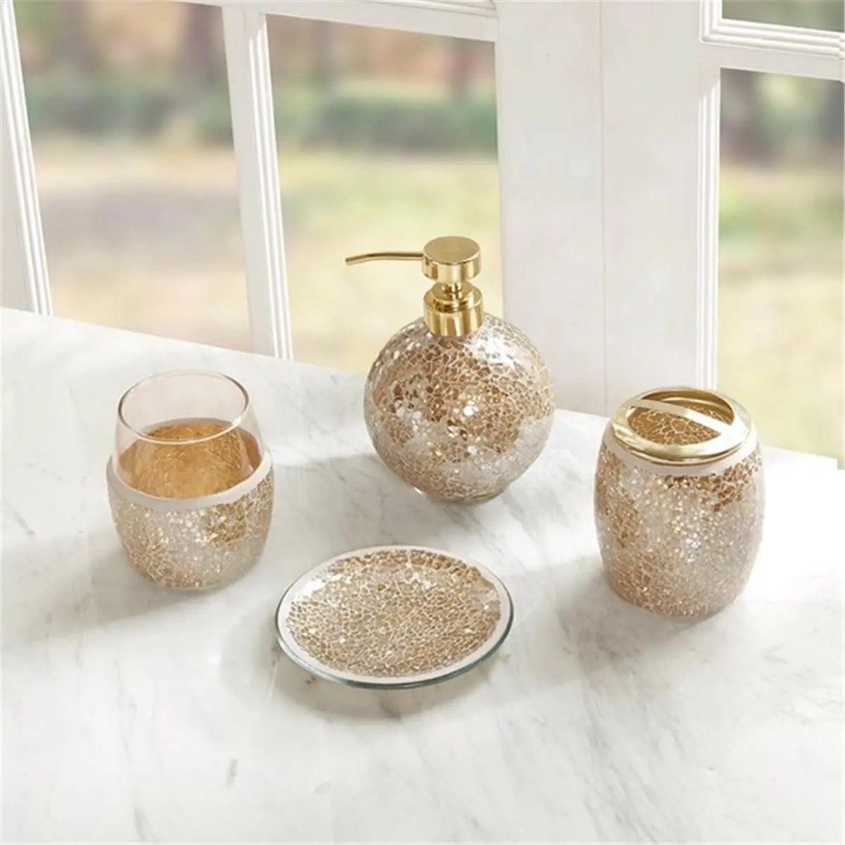 212 MAIN Mosaic 4-Piece Bath Accessory Set - Gold, Includes Soap Dish, Toothbrush Holder, and Bathroom Glass for Home Improvement Bathroom Fixtures, Crackle Glass, Four Pieces