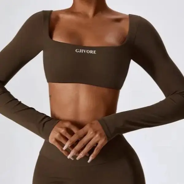 GJIVORE Elegant Brown Pieces Set - Stylish Square Neck Long Sleeve Top & Matching leggings