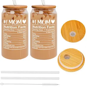 Set of 2 Gifts for Mom Mothers Day Gifts Can Shaped Drinking Glasses with Bamboo from Daughter Son Kids Lids & Straws Clear Snifter Water Glass Cups, 16oz Iced Coffee Glasses