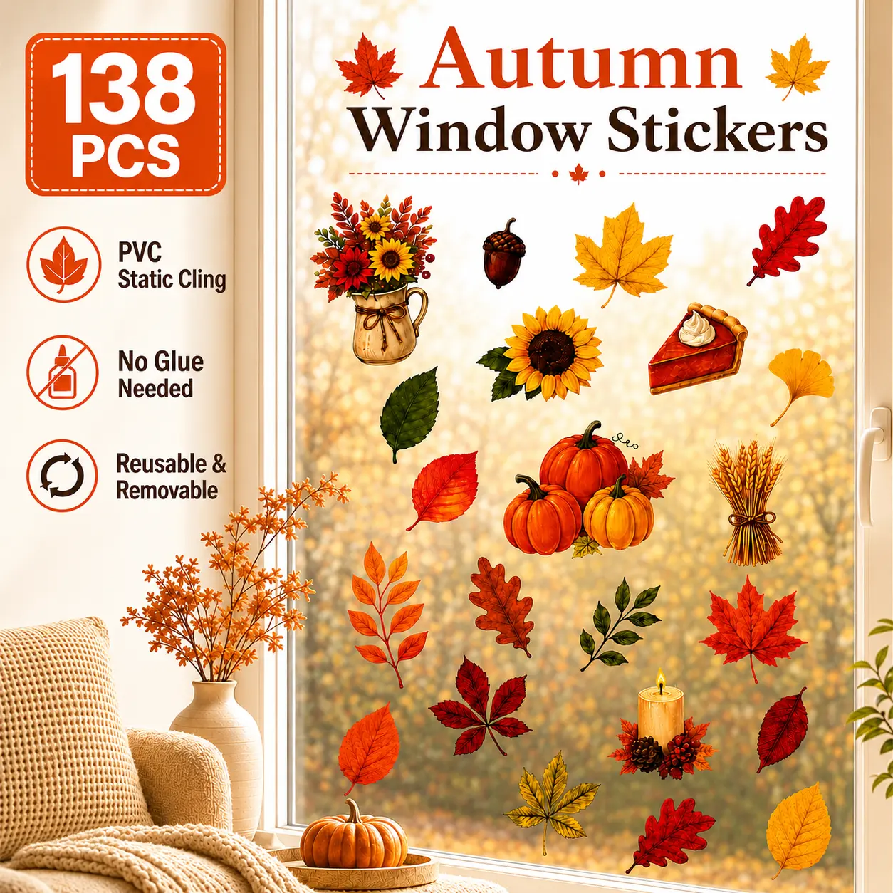 Fall Window Clings for Glass, 138 PCS Autumn Thanksgiving Window Stickers with 6 Sheets, Reusable PVC Static Cling Decorations with Scraper Card and Spray Bottle for Home, Office, Classroom and Storefront Stickers Decorative