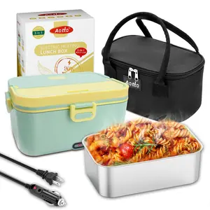 Aotto Electric Lunch Box, 90W Faster Portable Food Warmer for Adults, 2L Heated Lunch Box for Work/Travel/Car/Truck - 12V/24V/110V, Leakproof, Stainless Steel Container, Carry Bag, Green Aotto