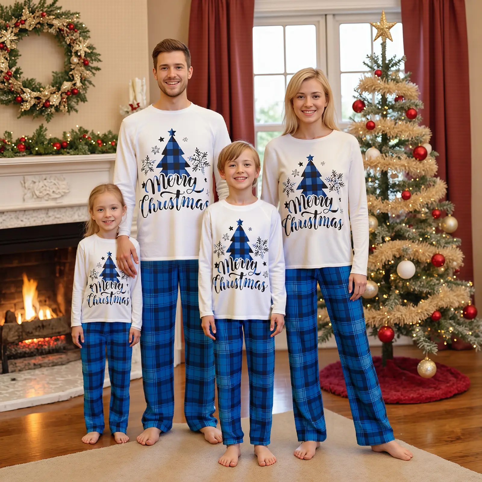 Family Christmas Pajamas Matching Sets Christmas Tree Letter Print Long-Sleeved Tops Plaid Trousers Sleepwear Outfits