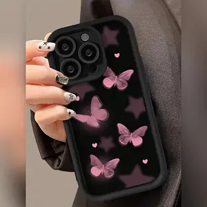 Suitable for Apple Mobile Phone Case - Black High Bamboo Pink Butterfly Design - For iPhone Users - Stylish & Protective - Perfect Gift for Tech Lovers