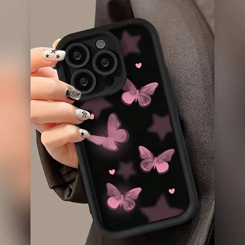 iPhone Protective Stylish Case - Black High Bamboo, Blush Pink Butterflies Design - Phone Casing Accessories for Handheld Devices with Protection & Phone Aesthetic Stylish Look, Ideal Gift for Tech Lovers