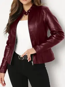 Women's PU Leather Jacket, Long Sleeve Motorcycle Style, Zipper Closure, Casual Outerwear, All Seasons, Elegant Design, Daily Wear