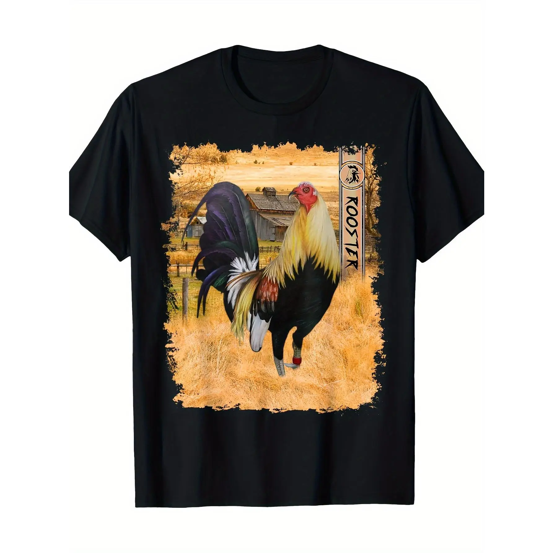 Men's Retro Rooster Print T-Shirt - Black Short Sleeve Casual Summer Artistic Soy Sauce Splash Design Crew Neck Top, Outdoor Activities Daily Comfort Graphic Tees Fashion Round Neck Tees Good