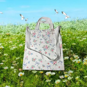 White Floral Bow Canvas Bag
