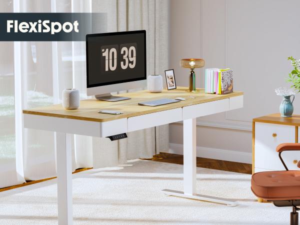 【TikTokShopBlackFriday】FLEXISPOT Standing Desk with Drawer Electric Adjustable Height Stand Up Desk with Storage Organizer, Whole Piece Wooden Desktop for Home, Office