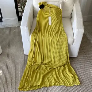 Halston Heritage  NEW Pleated Chartreuse one shoulder gown & black flower size 0