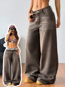 Nvfelix American Vintage Wide Leg Jeans Low Waist Loose Fit Washed Denim, Casual Fashion Women for Daily Wear and Outdoor Activities Pants