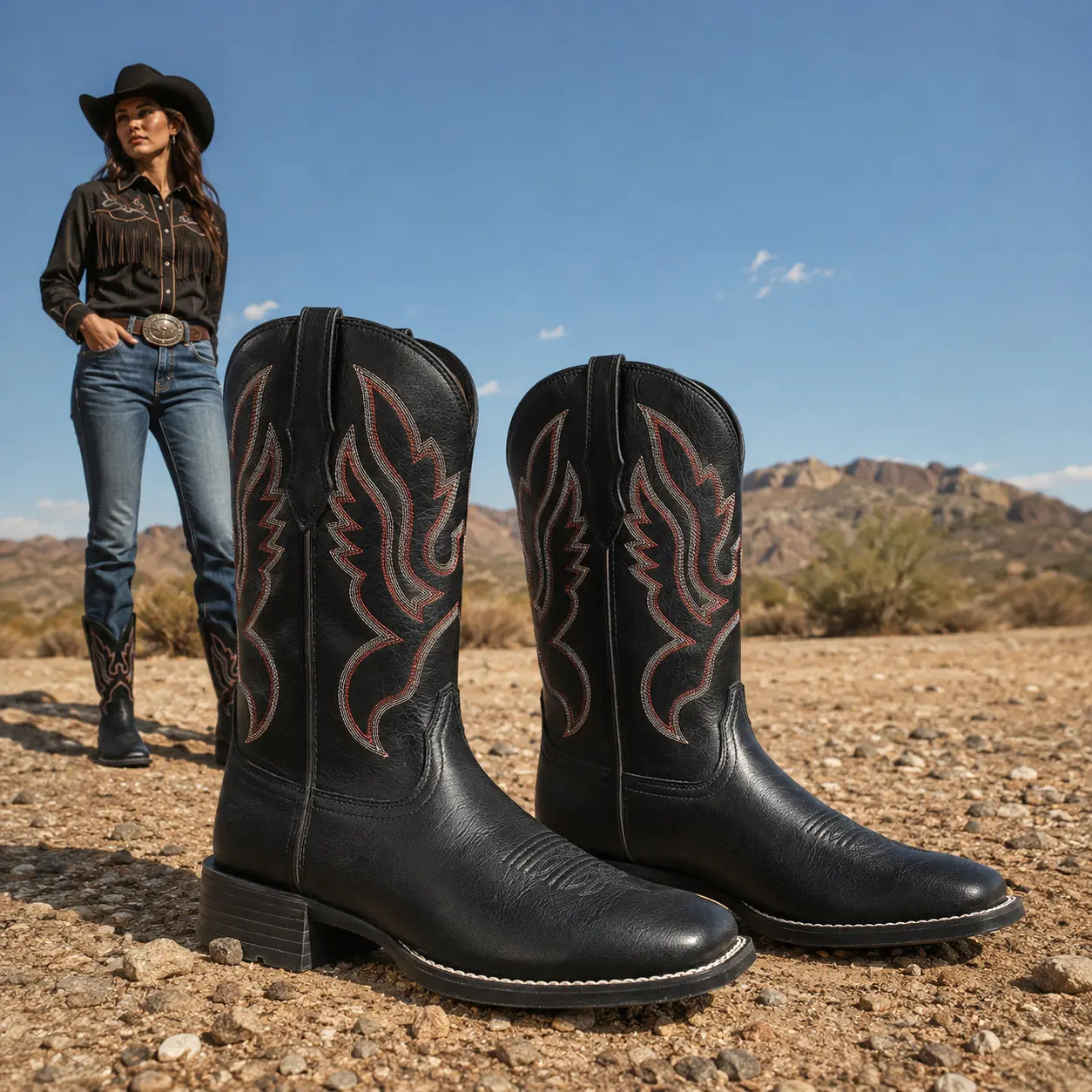 Palitutu Women's Black Square-Toe Classic Western Mid-Calf Cowboy Boots, Vintage Red Stitching Embroidery, Durable Slip-Resistant Rubber Outsole, All-Seasons Wear, PLT703603