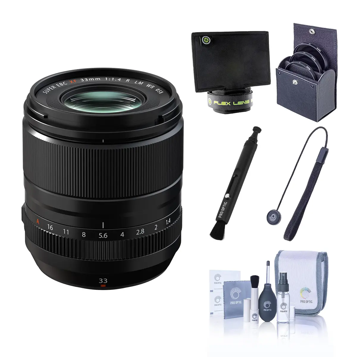 Fujifilm XF 33mm f/1.4 R LM WR Lens, Black, Bundle with 58mm Essentials Filter Kit, Lens Shade, Cleaning Kit, Lens Cap Tether