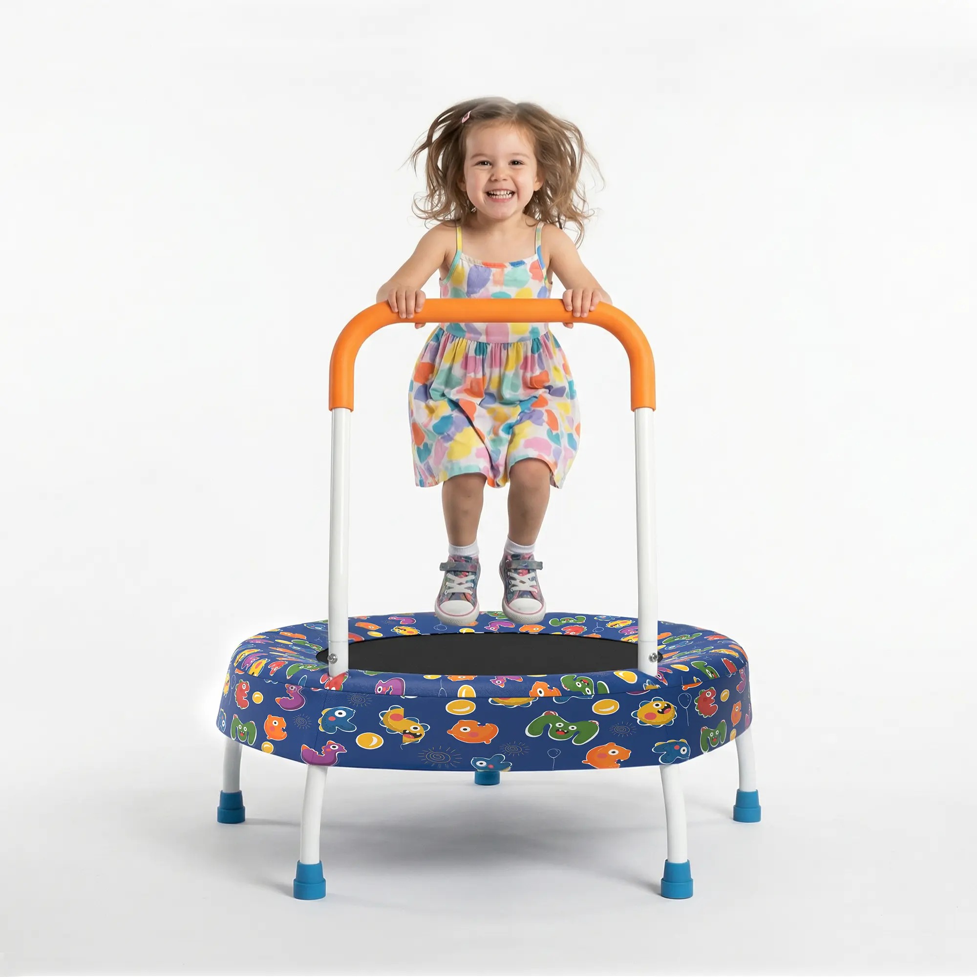 Fahuac 28-Inch Toddler Trampoline, Springless Mini Trampoline for Kids with Safety Handlebar, Coated Metal Frame with Non-Slip Rubber Legs, Indoor Outdoor Play, Birthday Gift, Party, Sports, Jumping, 55 Lbs, Unisex, 28 Inches Diameter, Gapless, 3 - 4 Year