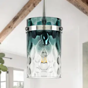 5.9in Cylinder Pendant Light Blue Gradient , Modern Hammered Glass Light for Over Sink, Dining Room, 1 PACK