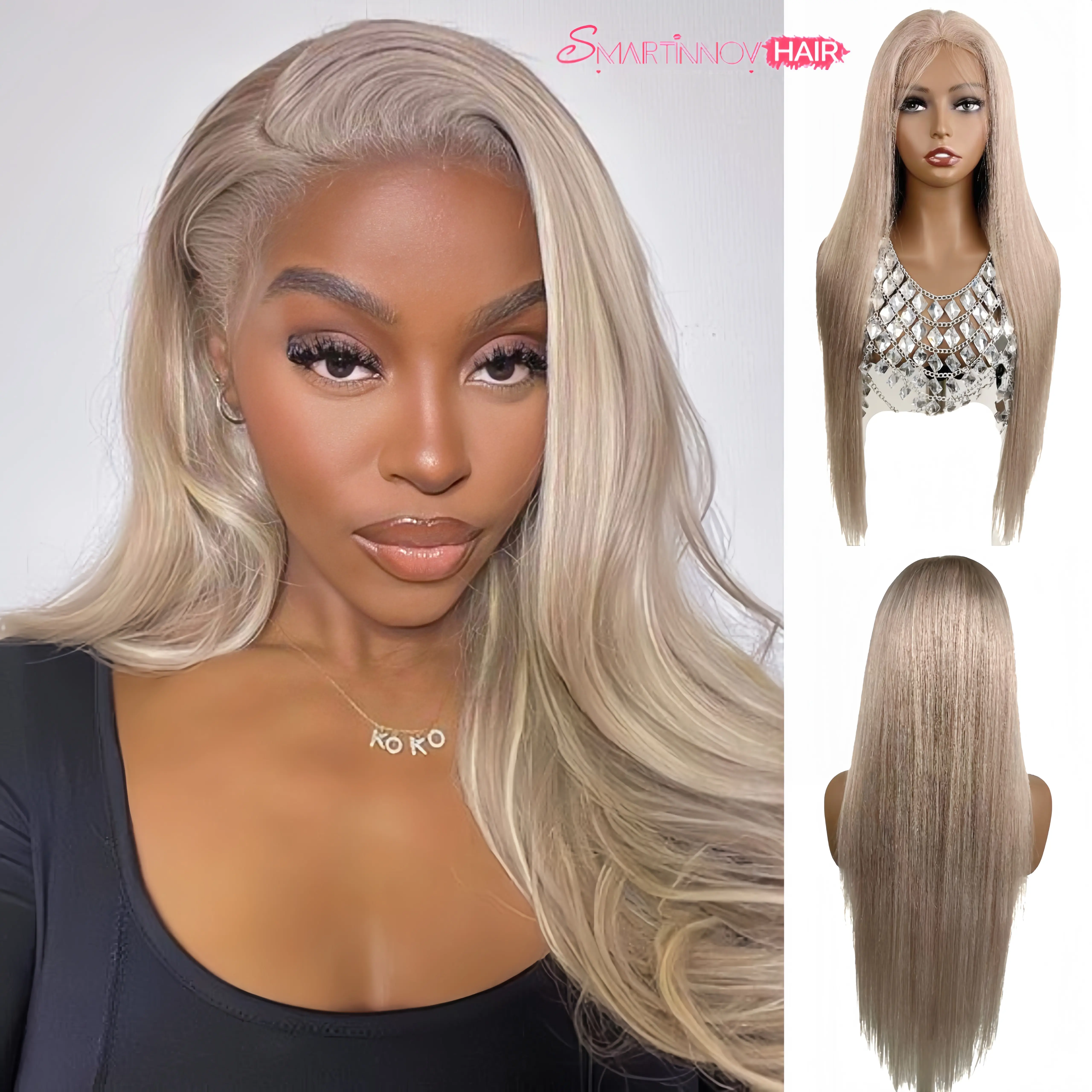 Ash Blonde Highlight Roots Human Hair Lace Front Wigs 13x6 HD | Pre Plucked | 150% Density Highlights | Silky Hair – Perfect for Outdoor Party