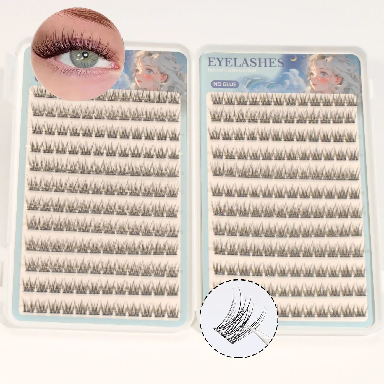 1 box of 288 cluster self-adhesive false eyelashes set - C curl, 12mm fish tail design, natural cross style, glue free false eyelashes
