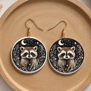 Racoon Animal Lover Dangle Earrings with Starry Night Design and Gold Hooks for Nature Lovers
