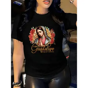 Women's Casual Graphic Tee - Virgin Mary Guadalupe Design with Floral Patterns, Soft Polyester Fabric, Round Neck, Short Sleeve, Perfect for Spring and Fall, Allseason Tshirt | Vibrant Design Top | Knitted Texture