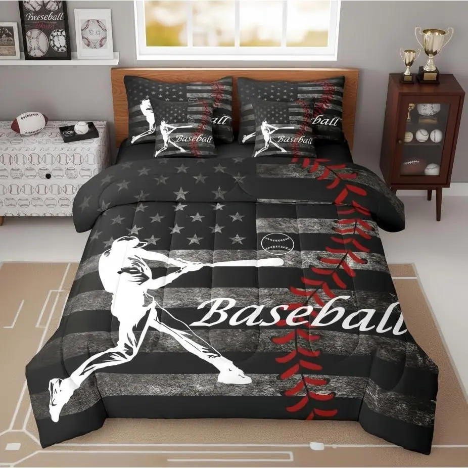 7 Piece Baseball Bedding Sets - American Flag Vintage Comforter Set with Sheets,Sports Theme Bed in a Bag with Fitted Flat Sheet,Baseball Room Decor Bedroom