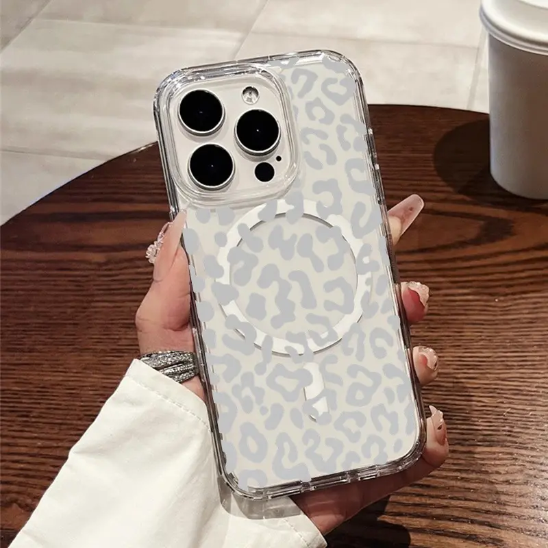 Leopard print camellia 3D pattern transparent magnetic phone case with magnetic ring supporting wireless charging, compatible with Apple iPhone 17/16 Pro Max/15 Pro/14 Plus/13/12/11 and Samsung S25/S24/S23 Plus Ultra.  A perfect holiday or birthday gift.