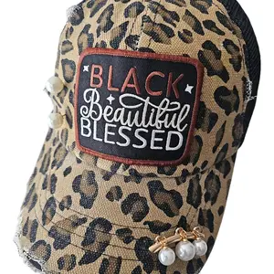 Black Beautiful Blessed Leporad Print Womens Sort Trucker Hat with Pearl Embellishments Unisex Size Adjustable Random Pearl Embellishments