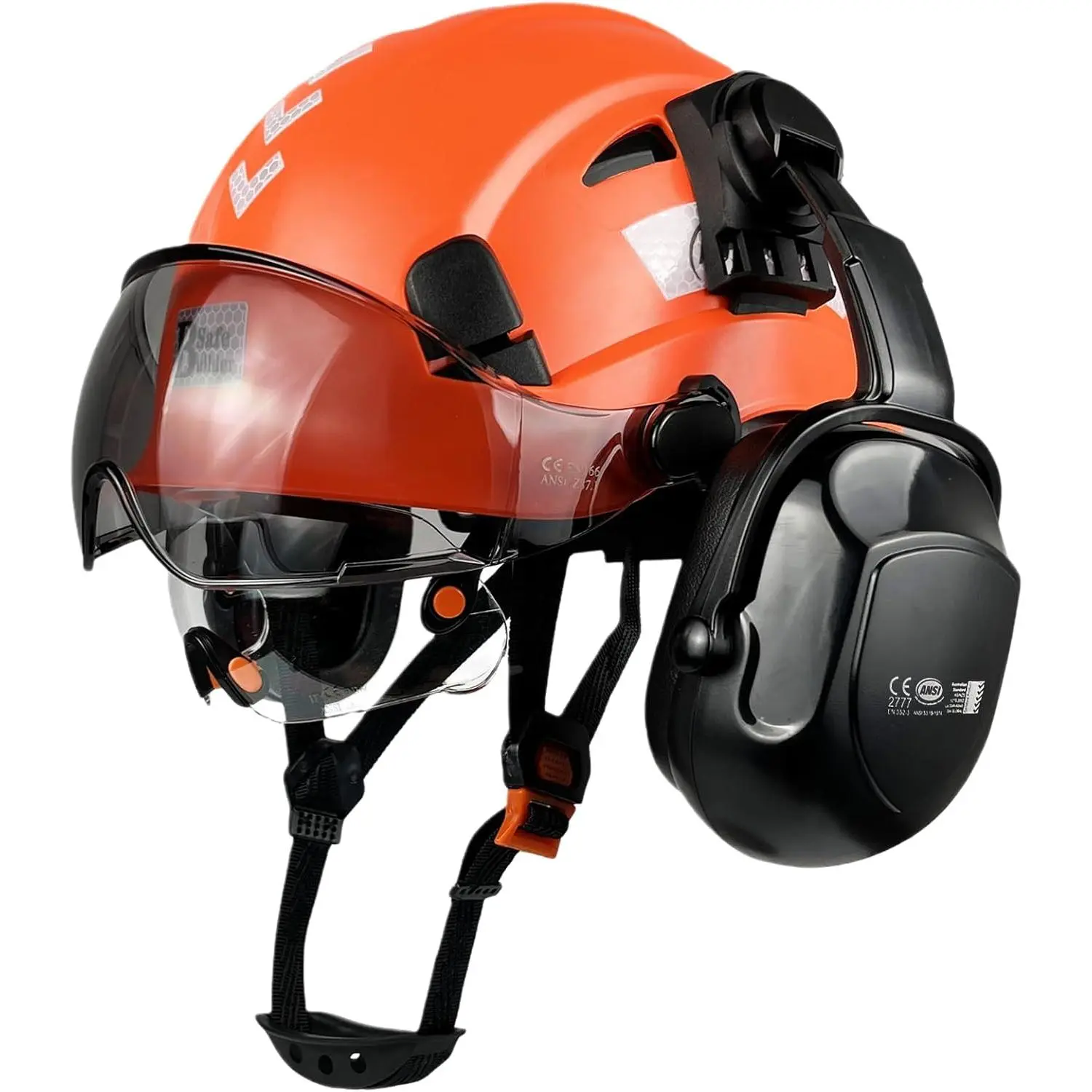 Vented Matte Safety Hard Hat, High-Strength ABS Shell with Integrated Earmuffs and Dual Tinted/Clear Sun Visor, Adjustable Size for Forestry & Demolition