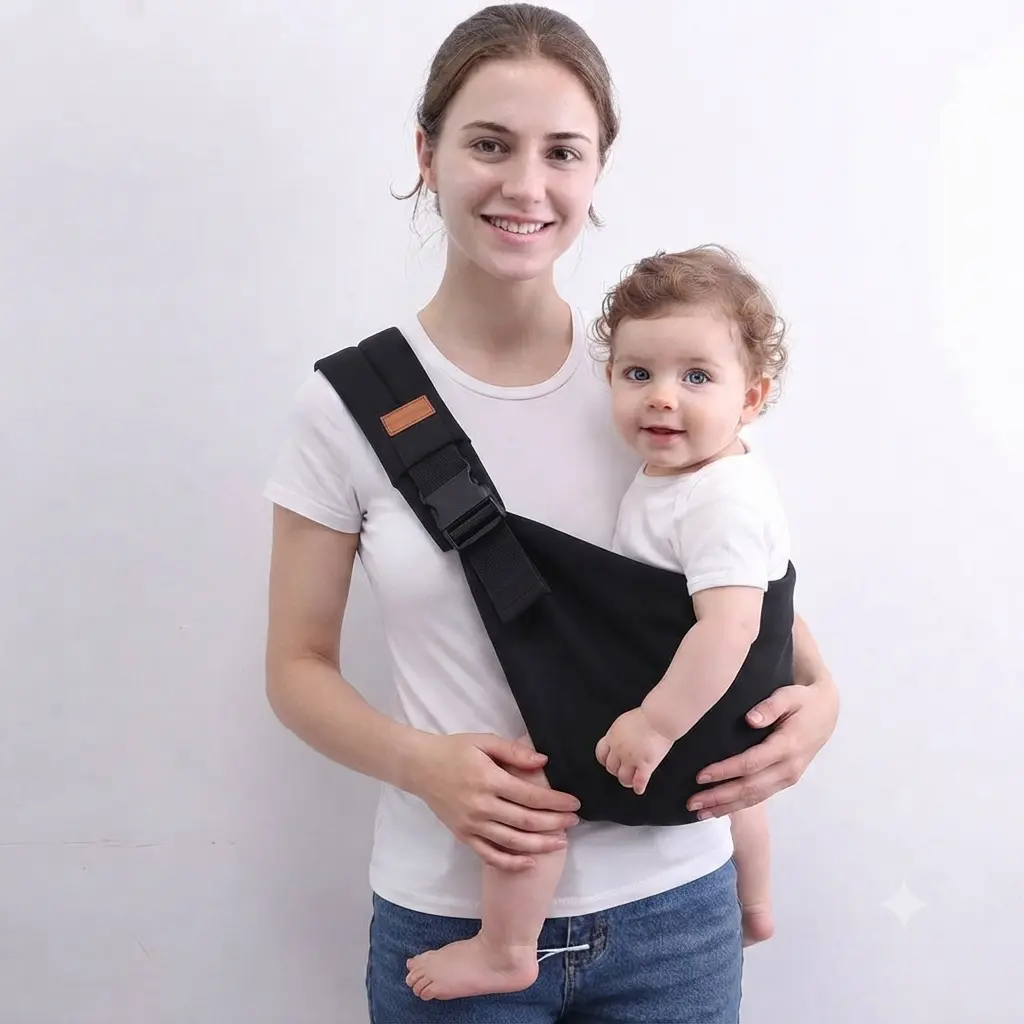 Black Cotton Sling Carrier for Toddlers - Adjustable Side Carrier Support, Portable and Compact Design for Travel, No, Baby-Safe Baby Carriers, Travel Baby Carriers