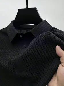Tiktok Trend Classic Menswear Waffle Knit Polo Shirt, Casual Textured Blouse, Comfortable Style for Daily & Home Wear, Fitted Graphic Pattern, Plain