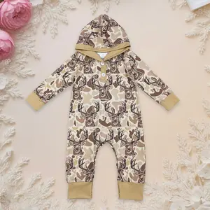 Newborn Kids Clothing Baby Boy Bubbles Khaki Camo Deer Button Hoodie Hunting Rompers Infant Toddler Outfit Bodysuit