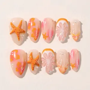 Y2K Seashell & Starfish Press On Nails, Dreamy Vacation Nail Inspo, Beachy Gel Nails Design