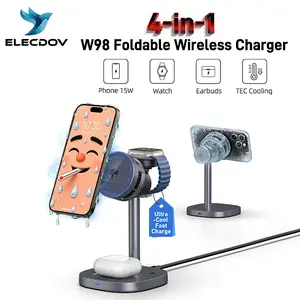 Magnetic 4-in-1 Charging Dock with Ultra-Cool Fast Charge (Cooling Turbo Charge) – Compatible with (Android/GS26)Samsung Phone , Galaxy Watch/Pods, iPhone 12-17 & AirWatchPods. ELECDOV W98 Adjustable Stand & TEC Cooling Tech.