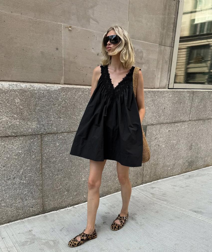 2026 Summer Pure Cotton Sleeveless V-Neck Camisole Dress for Women, Vacation Style Sleeveless Black Elegant Dress