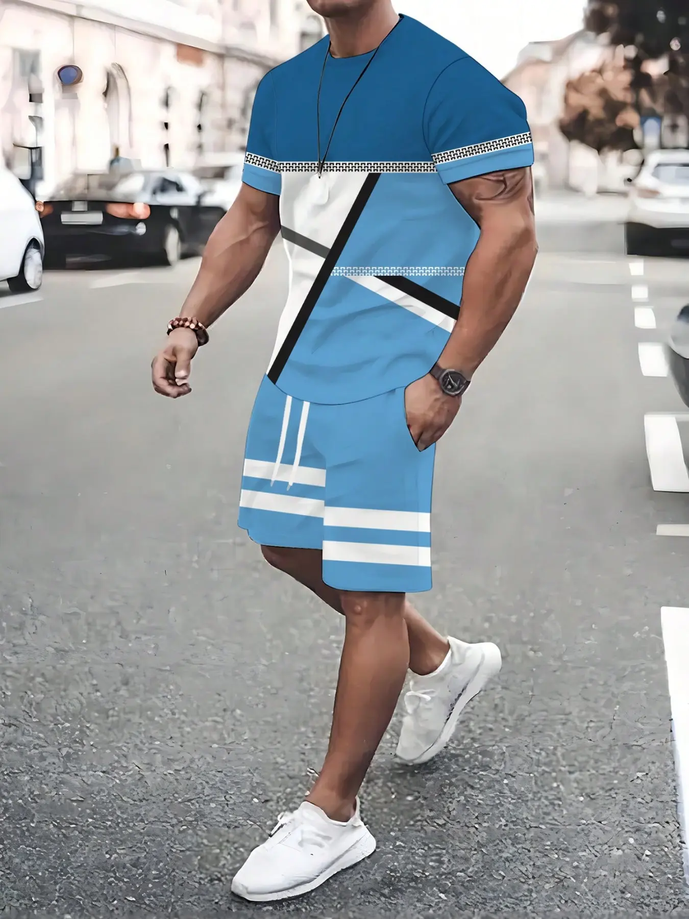 Men's Plus Size Casual Geometric Stripe Print T-Shirt and Shorts Set, Short Sleeve Fitted Top, All Seasons Suit, Regular Length, Tops Shorts Set