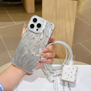 6 Piece Silver Color Heart Pattern Protective Phone Case Set, Cellphone Casing, Charger Head Cover, Cable Protector, Storage Rope, Data Line Protection, iPhone 6-17 Pro Max