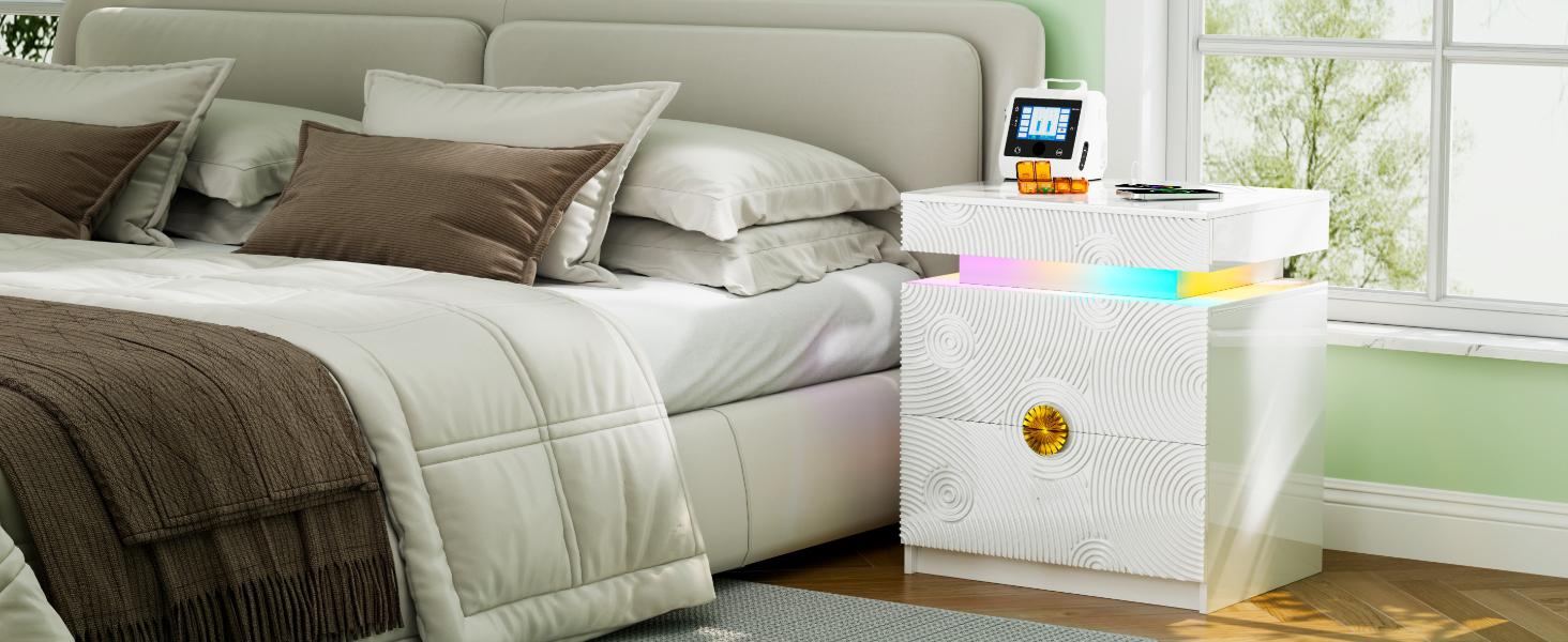 FREDEES LED Nightstand - with RGB Light, Night Stand with a Lockable Hidden Drawer and 2 Drawer, Smart Bedside Table with Auto Sensor, USB&Type-C for Bedroom, Modern Sofa End Table