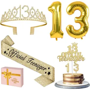 13th Birthday Decorations for Girls with 13th Birthday Crown, Official Teenager Sash, Candles and Cake Topper, Number Balloons, Teen Girl Gifts for 13-Year-Old Girls