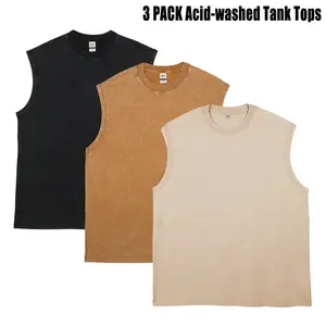 3PACK  Unisex Cotton Workout Tank Tops Sleeveless Acid Wash Tshirts Cut Off Muscle Shirts Loose Fit Running Gym Tees Unisex Vest T-shirt for Men & Women summerwins
