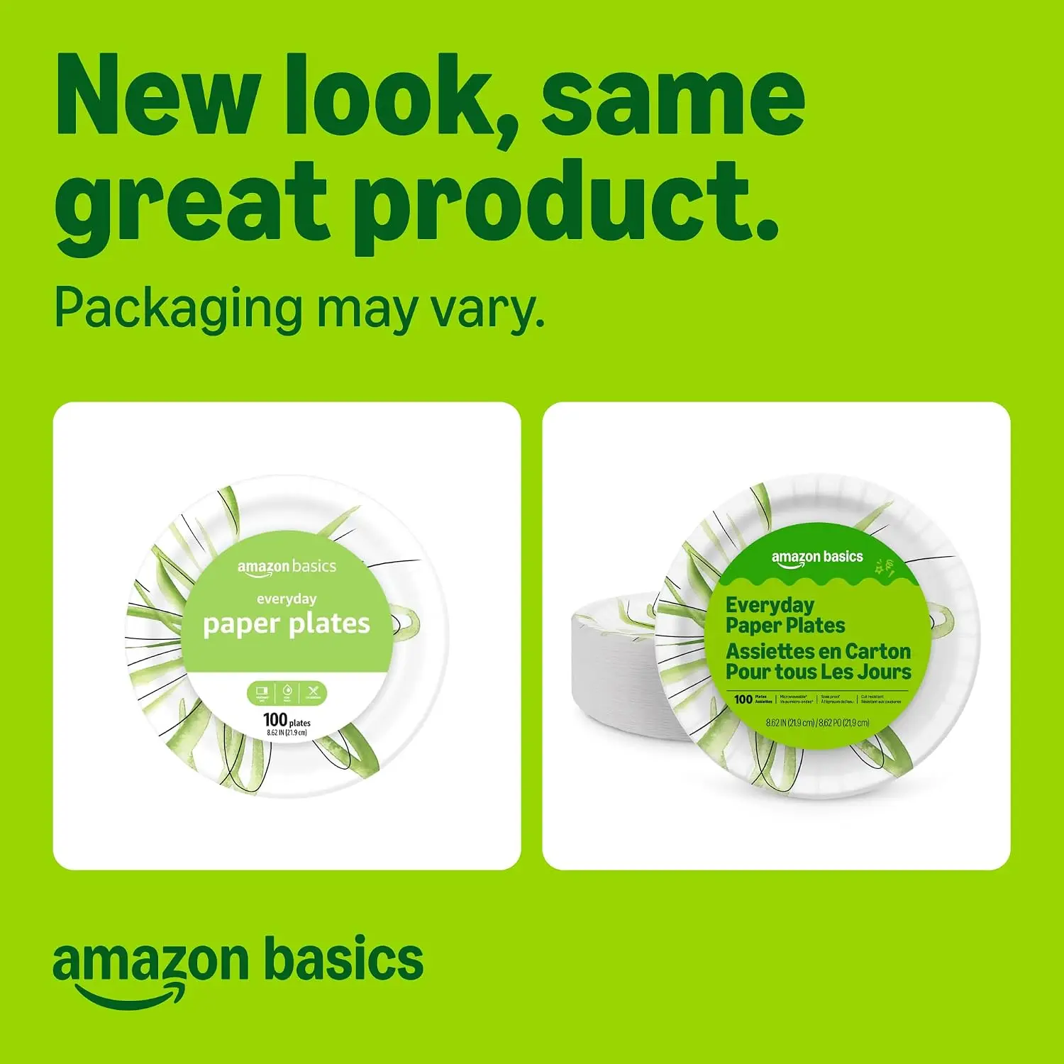 Amazon Basics Everyday Disposable Paper Plates, 8.62 Inch, Microwave-Safe, Cut Resistant, Soak-Proof, 100 Count, Packaging May Vary