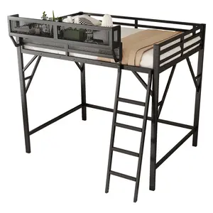 Queen Size Metal Loft Bed with Ladder & Storage Shelves, Metal Queen Loft Bed with Storage Shelves, Metal High Loft Bed, Black