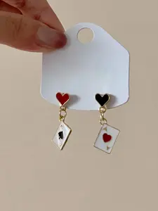 Heart Poker Card Pendant Earrings, Asymmetric Poker Card Drop Earrings, Unique Women's Party Jewelry, Fashionable Ear Studs